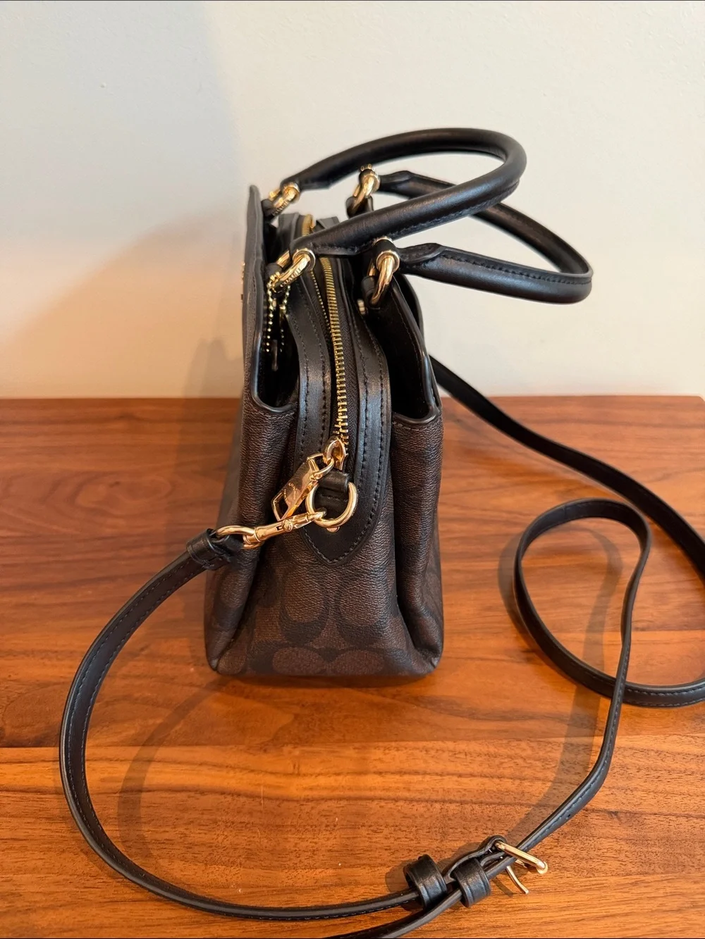 Coach 91494 Lillie Brown Signature Canvas Satchel with Black Handles